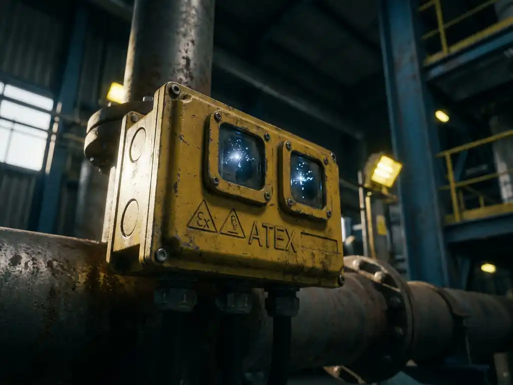 Gelbes ATEX-zertifiziertes Elektro-Klemmkasten an verwittertem Industrierohr in petrochemischer Anlage mit blauen Lichtbögen hinter Glasscheiben.