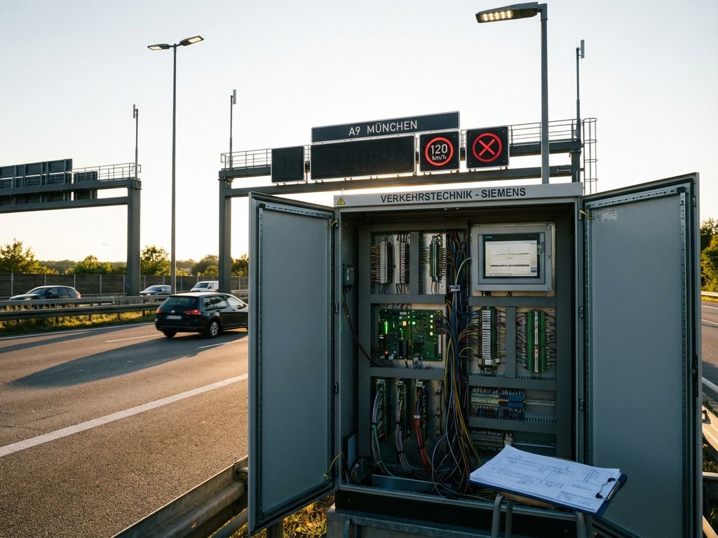 Geöffneter Autobahnschaltschrank mit Verkabelung und Monitoren neben deutscher Autobahn mit LED-Beleuchtung