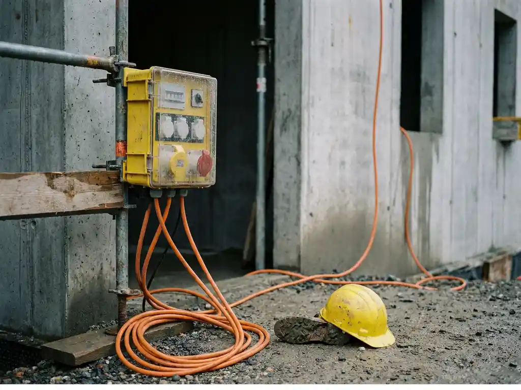 Gelber Baustromverteiler an Gerüststange mit orangefarbenen Schwerlastkabeln, Schutzhelm auf Betonboden, Baustelle.