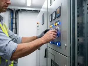 Elektroingenieur justiert Blindleistungskompensation an Kondensatorbank in moderner Industrieanlage mit LED-Anzeigen