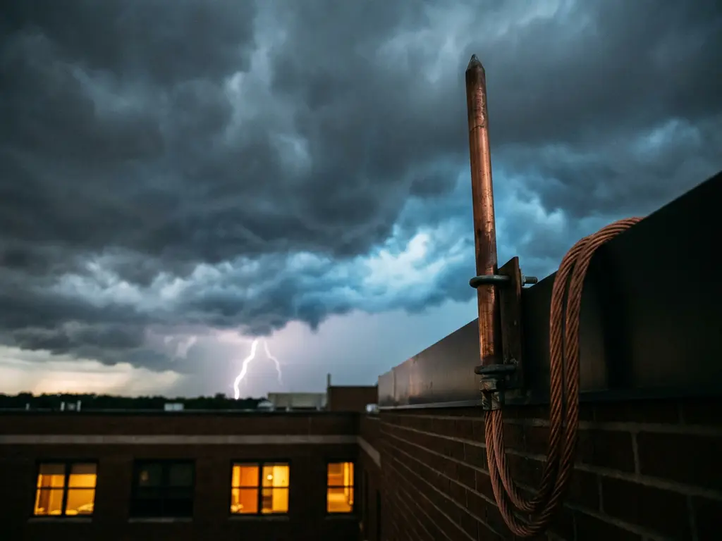 Kupferner Blitzableiter auf einem Krankenhausdach mit Erdungskabeln, Gewitterwolken und fernem Blitzeinschlag am Nachthimmel.
