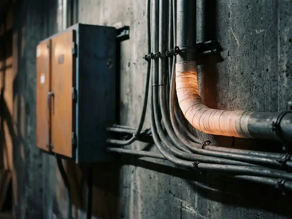 Industrielle Kabelkanäle an Betonwand mit intumeszierendem Brandschutzband in leuchtendem Orange, elektrischer Schaltschrank im Hintergrund.