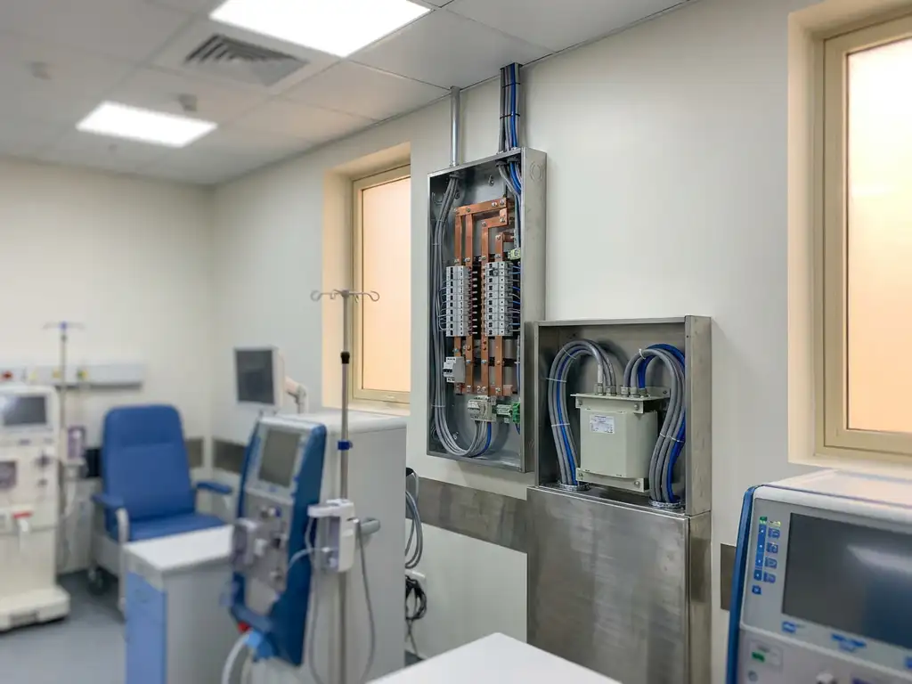 Medizinischer Trenntrafo mit Kupferschienen und abgeschirmten Kabeln an weißer Krankenhauswand in einer Dialysestation.
