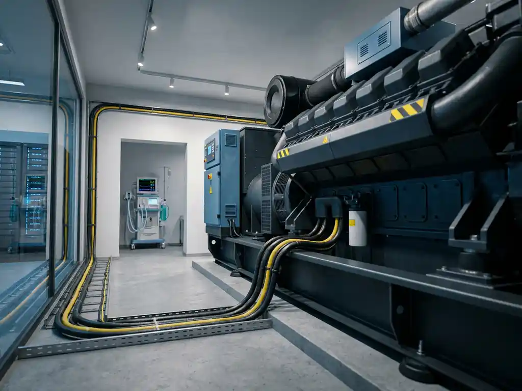 Industrieller Dieselgenerator in technischer Anlage mit Stromkabeln zu Serverrack und Krankenhausmonitor im Hintergrund.