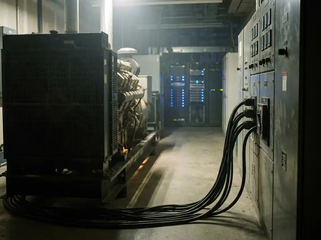 Industrieller Dieselgenerator in dunklem Rechenzentrum mit schwarzen Stromkabeln, Verteilerkasten und blau leuchtenden Serverracks im Hintergrund.