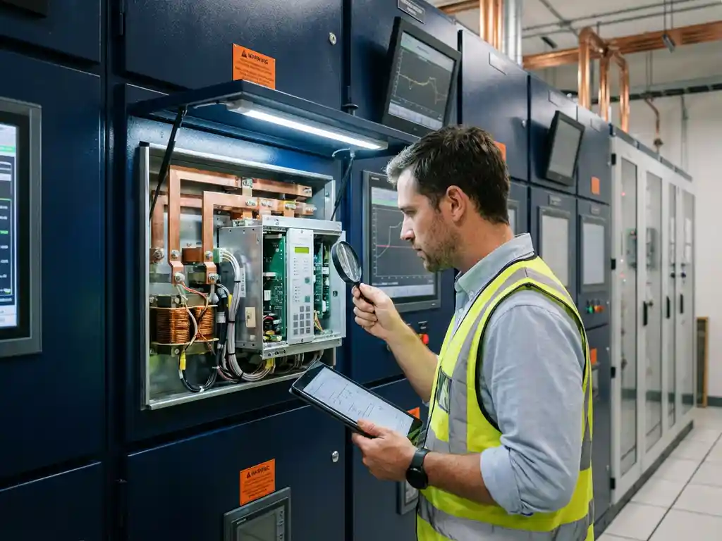 Elektroingenieur untersucht Differentialschutzrelais mit sichtbaren Kupferleitern in modernem Schaltschrank