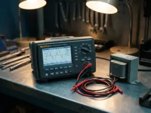 Digitales Multimeter zeigt Oberwellenverzerrung auf LCD-Display, neben Kabeln und Transformator auf Werkbank