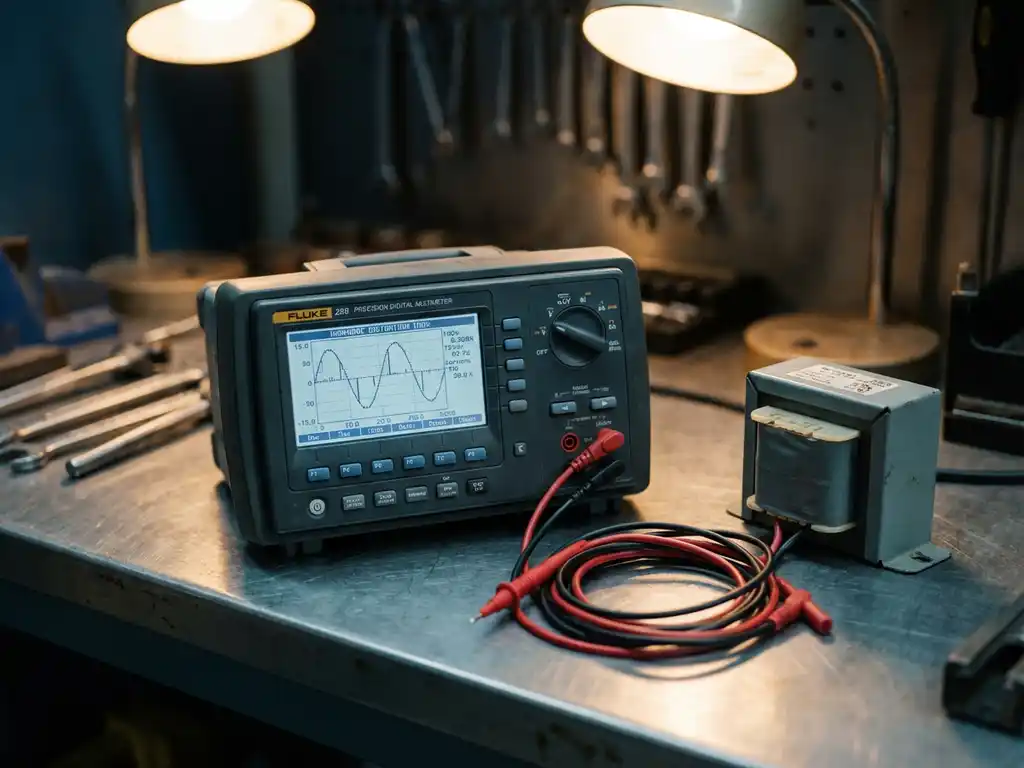 Digitales Multimeter zeigt Oberwellenverzerrung auf LCD-Display, neben Kabeln und Transformator auf Werkbank