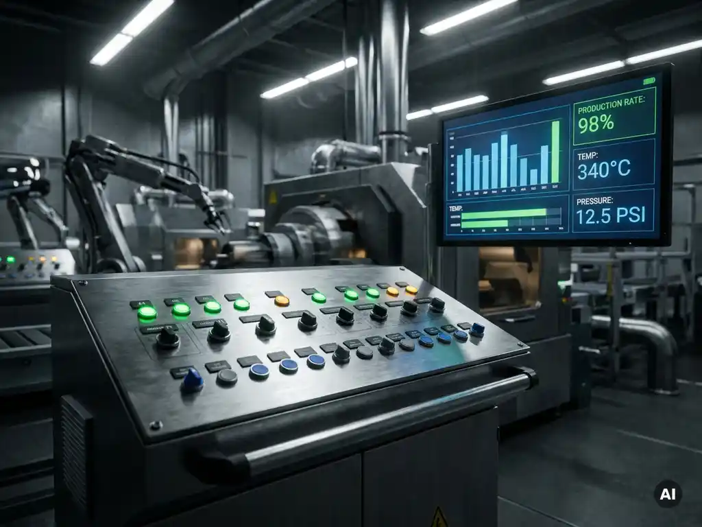 Industrielles Steuerungspanel mit leuchtenden Statusindikatoren und Echtzeit-Produktionsdaten auf einem Monitor in moderner Fabrikhalle.
