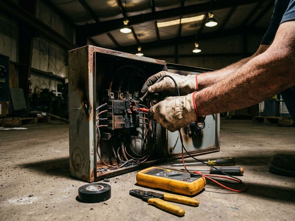 Elektriker untersucht beschädigte Stromverteilung mit freiliegenden Kabeln und Brandspuren in Industriehalle
