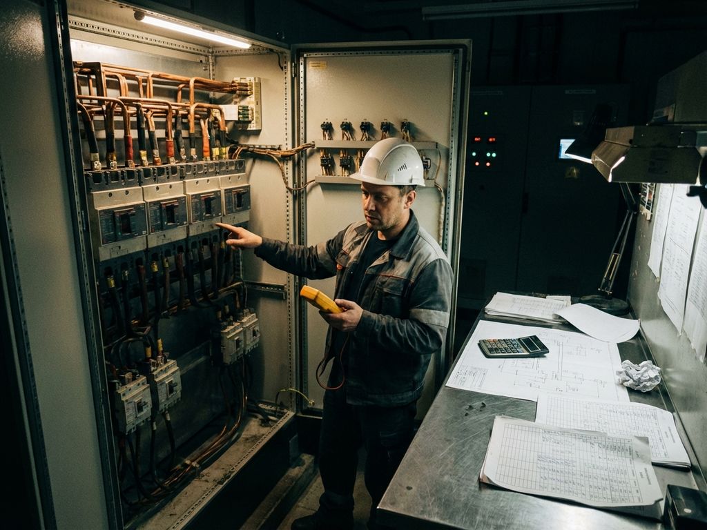 Elektriker mit Schutzhelm prüft Industrieschaltschrank mit Multimeter, Wartungsunterlagen auf Werkbank