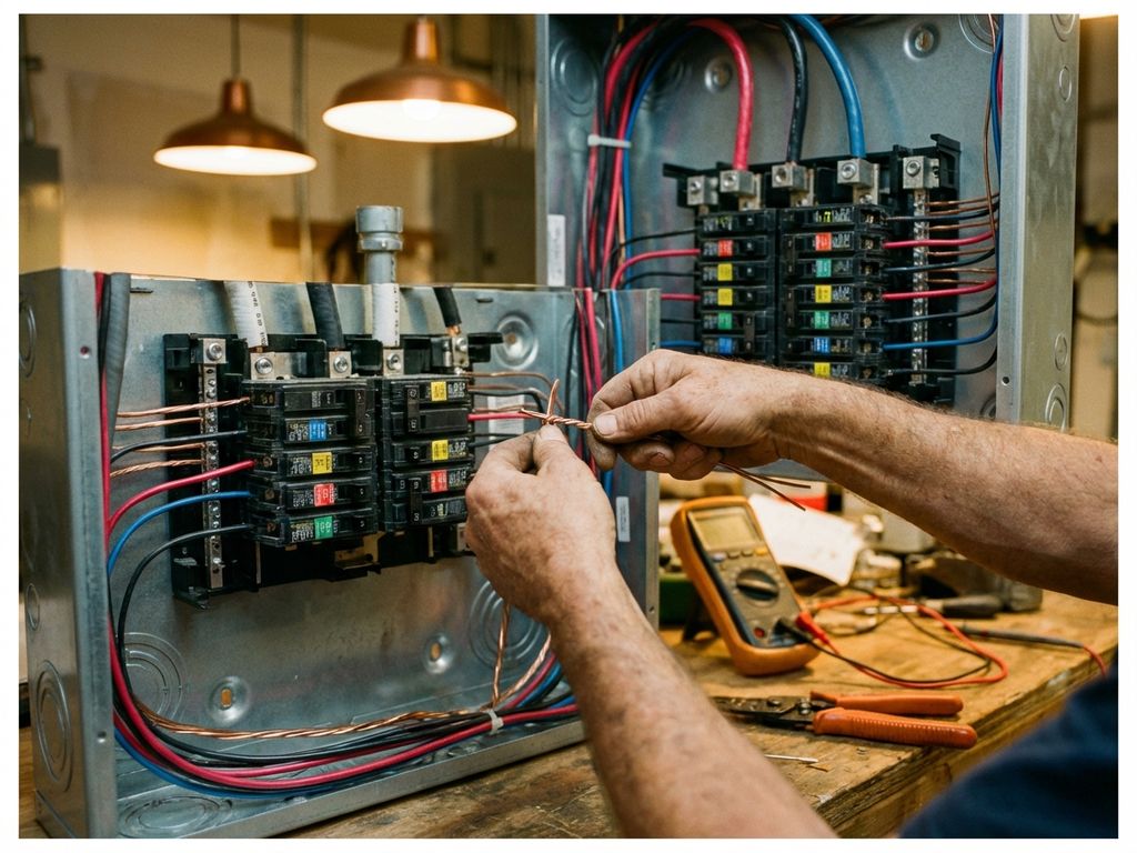 Elektriker verbindet Kupferdrähte in geöffnetem Sicherungskasten mit organisierten Leitungsschutzschaltern und Werkzeugen