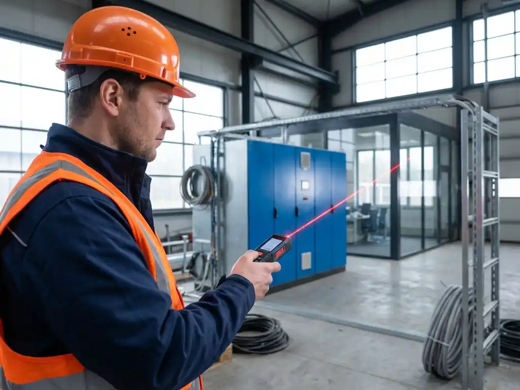 Elektriker in Schutzausrüstung misst Abstände mit Laser-Messgerät zwischen Schaltschrank und Bürogebäude in Industriehalle