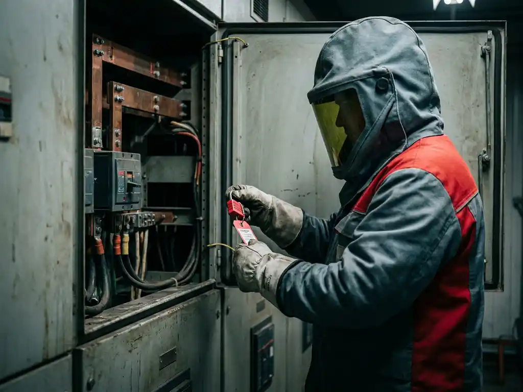 Elektriker in Lichtbogenschutzausrüstung befestigt rotes Lockout-Tagout-Schloss an geöffnetem Schaltschrankpanel mit Kupferschienen.