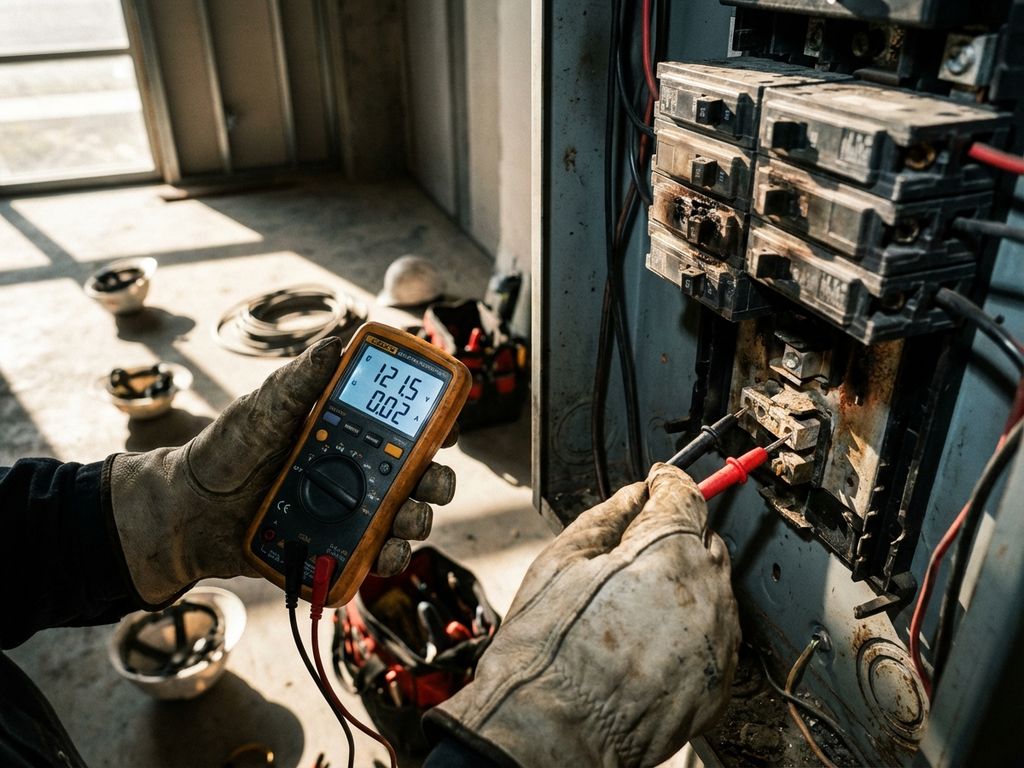 Elektriker testet mit digitalem Multimeter korrodierte Sicherungen in verwittertem Schaltschrank