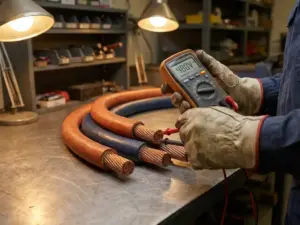Elektriker hält digitales Multimeter beim Messen von Industriekabeln mit Kupferleitern auf Metallwerkbank