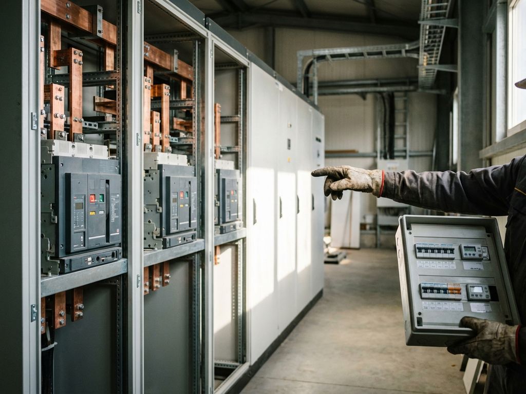 Elektriker zeigt auf industrielle Schaltanlage und hält kleinere Verteilerdose, Kupferschienen und Schalter sichtbar