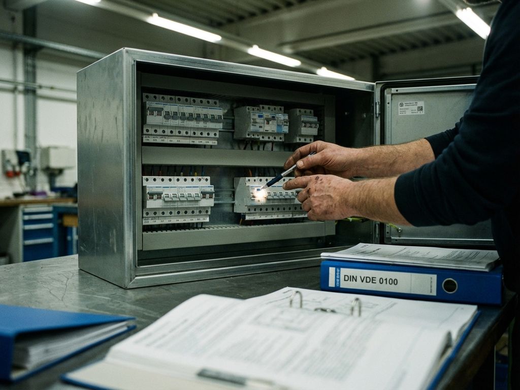 Elektriker prüft deutsche Verteilertafel mit Sicherungsautomaten und DIN-Dokumentation auf Werkbank