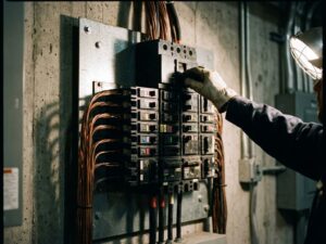 Elektriker bedient professionellen Schaltschrank mit Sicherungsautomaten an Betonwand in Industrieumgebung