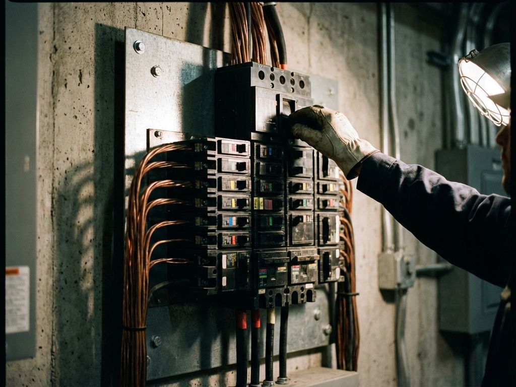 Elektriker bedient professionellen Schaltschrank mit Sicherungsautomaten an Betonwand in Industrieumgebung