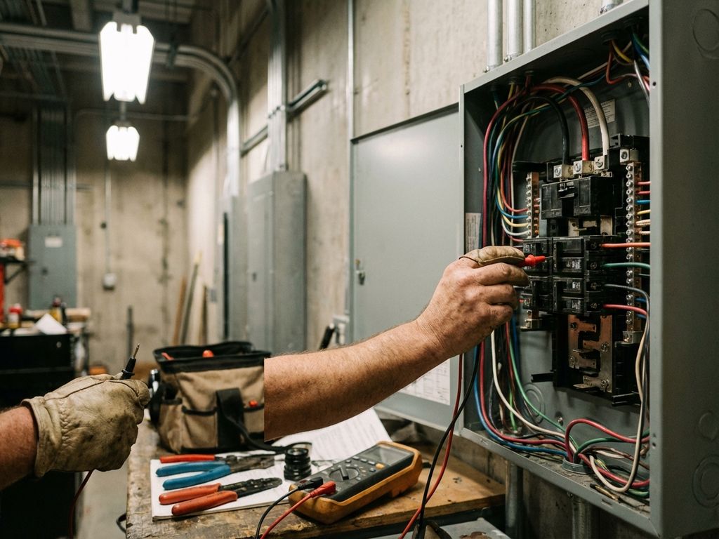 Elektriker untersucht geöffnete Verteilertafel mit freiliegenden Schaltkreisen, Multimeter und Werkzeuge auf Werkbank