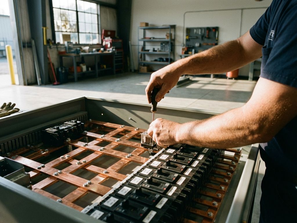 Elektriker justiert Komponenten in geöffnetem Niederspannungs-Verteilerschrank mit Kupferschienen und Sicherungsautomaten