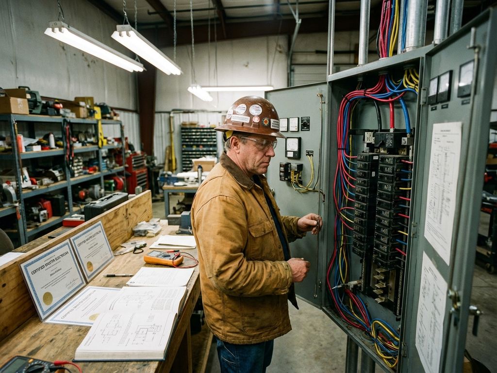 Elektriker in Schutzausrüstung prüft Verteilerschrank mit Sicherungen in Werkstatt, Zertifikate auf Werkbank