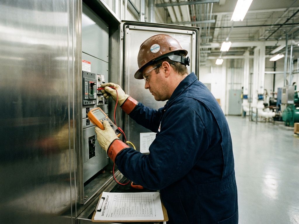 Elektriker in Schutzausrüstung prüft Schaltschrank mit Multimeter in Industrieanlage, Checkliste am Panelfuß