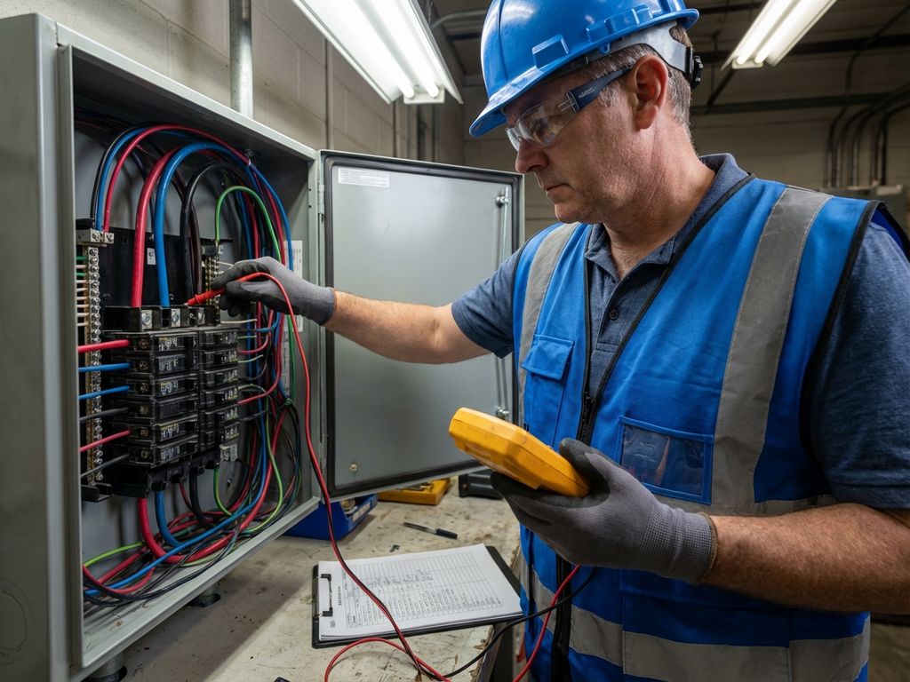 Elektriker mit Schutzbrille prüft Verteilerschrank mit Multimeter, Sicherungen und Kabel sichtbar