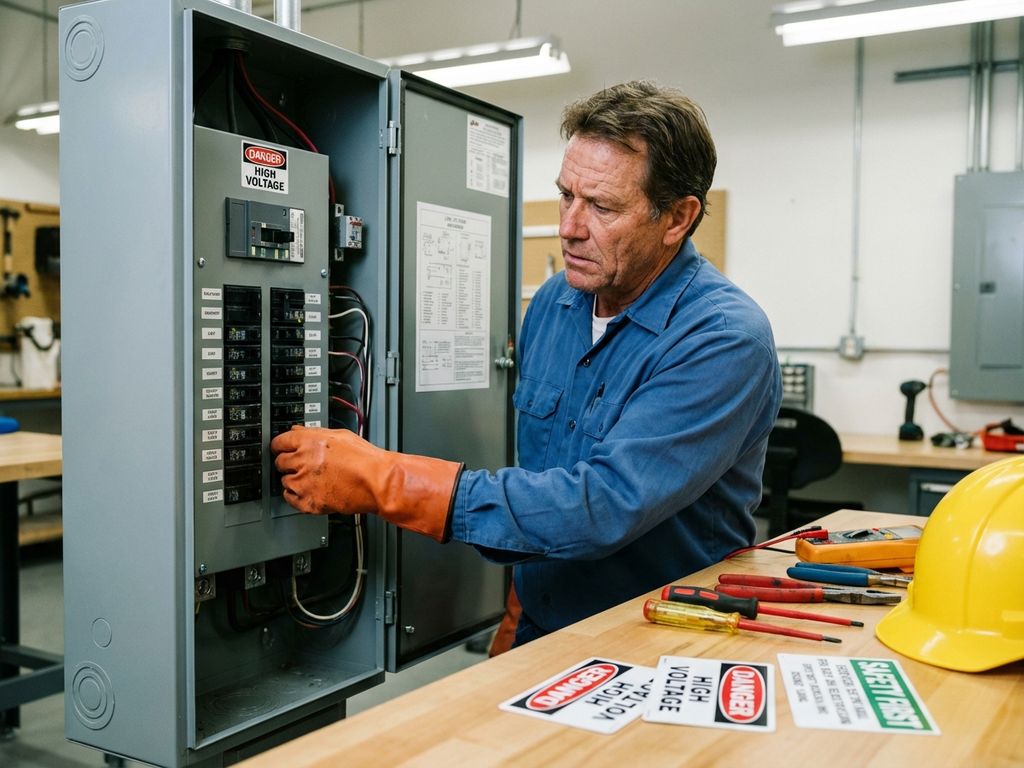 Elektriker mit Schutzhandschuhen prüft Niederspannungs-Verteilerpanel mit Sicherungsautomaten und Schutzschaltern