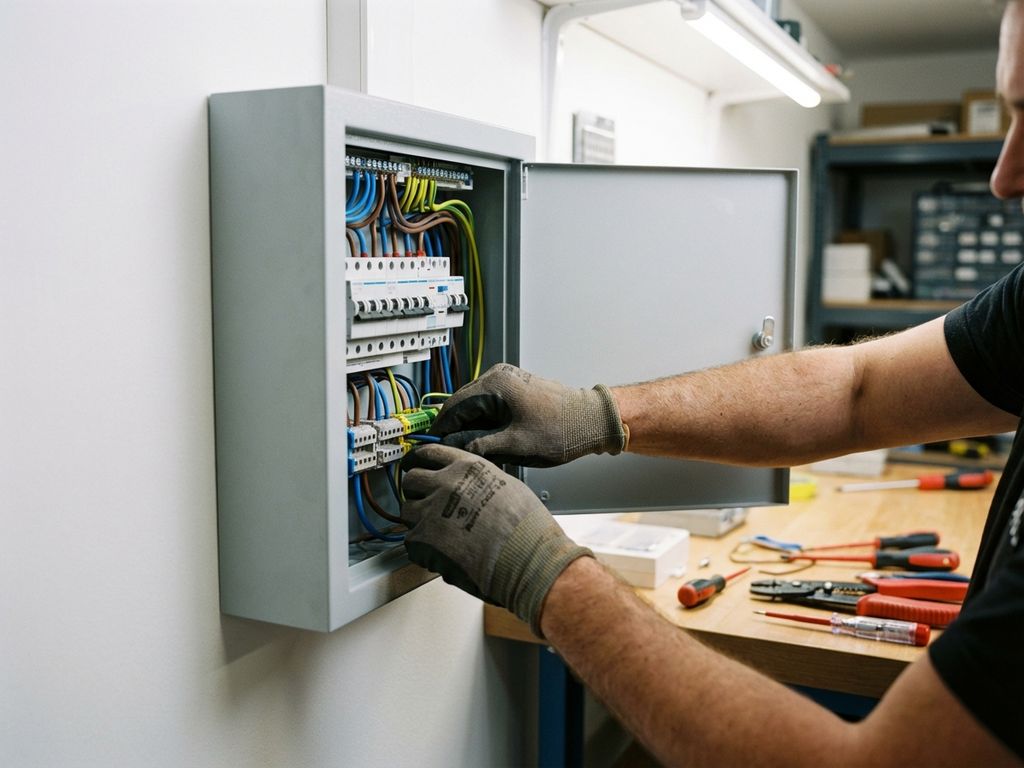 Elektriker installiert professionell moderne Verteilertafel mit farbkodierten Kabeln an weißer Wand