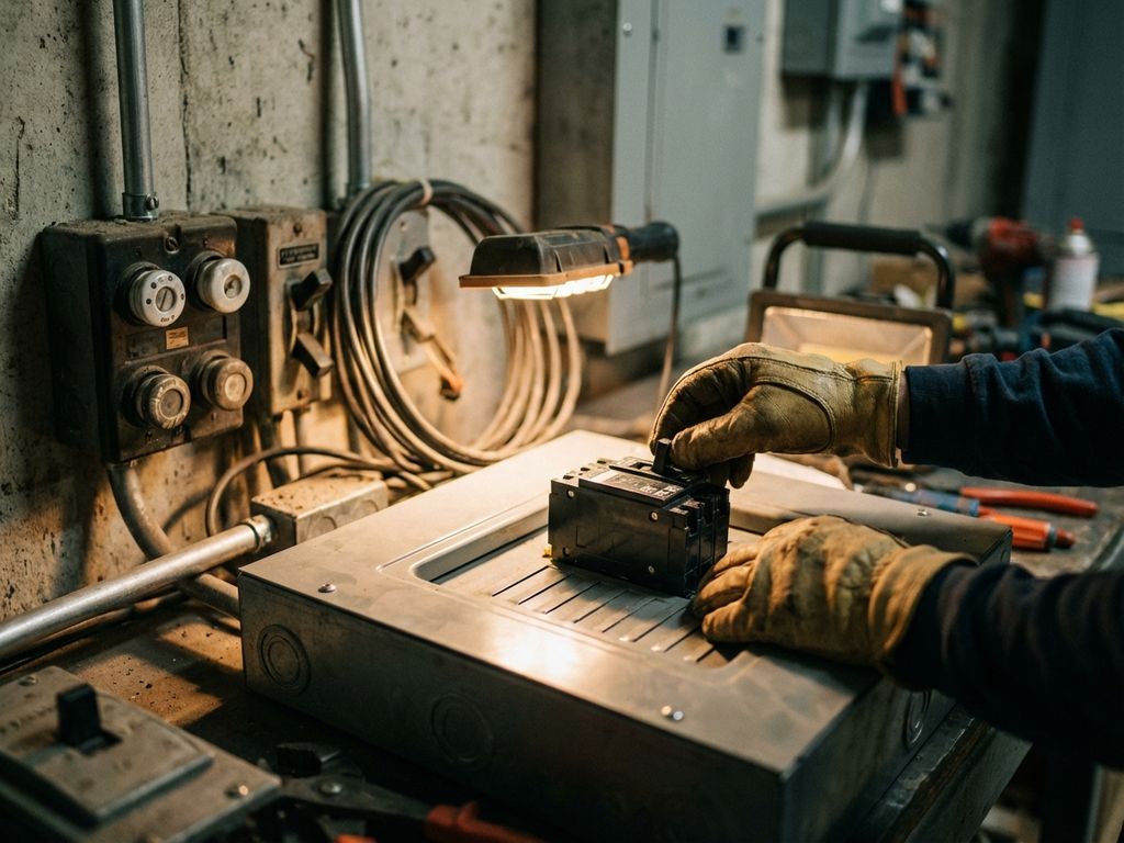 Elektriker installiert modernen Sicherungsautomaten in Schaltkasten mit alten Sicherungen im Hintergrund
