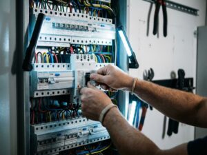 Elektriker justiert Sicherungsschalter in modernem Stromverteiler mit RCD-Geräten und LED-Arbeitsbeleuchtung