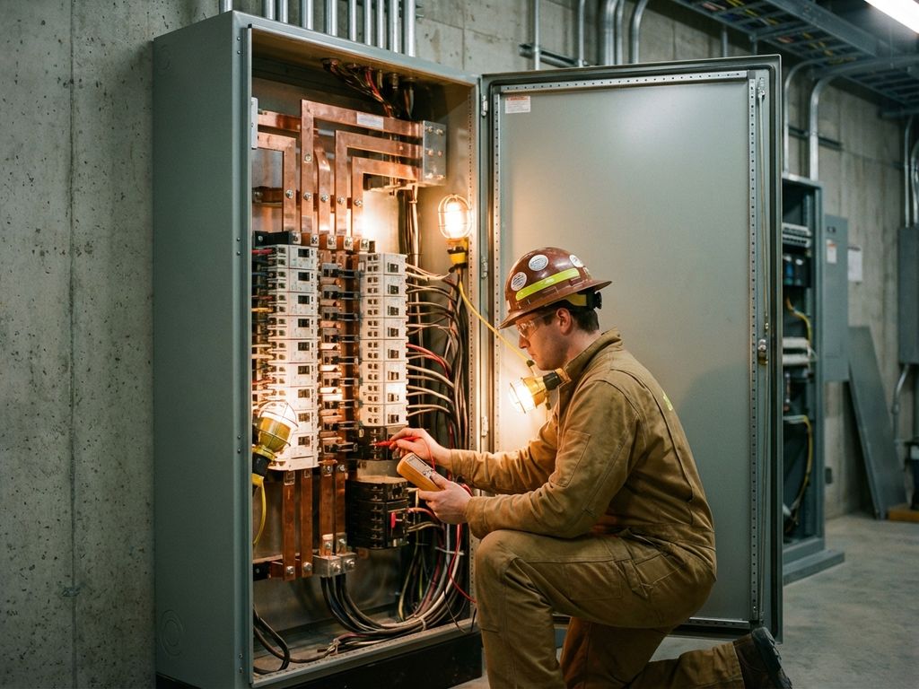 Elektriker in Schutzausrüstung prüft geöffnete Niederspannungs-Hauptverteilung mit Sammelschienen und Schaltern