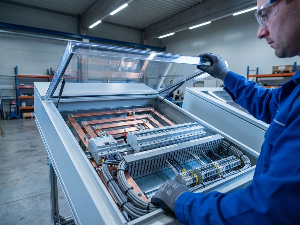 Elektriker öffnet Schutzabdeckung eines Niederspannungs-Verteilerschranks mit Sammelschienen und Schutzschaltern