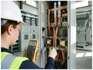 Elektriker mit Schutzhelm prüft Schaltschrank mit Multimeter in Umspannwerk mit Kupferkabeln und Transformatoren
