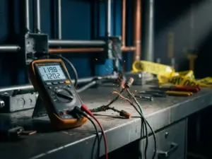 Digitales Multimeter zeigt schwankende Spannungswerte neben korrodierten Kupferdrähten mit Funken in Elektroarbeitsplatz