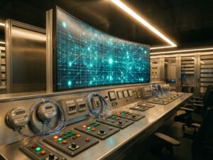 Moderne elektrische Schaltzentrale mit digitalem Überwachungsbildschirm, Bedienfeldern und Glasfaserkabeln