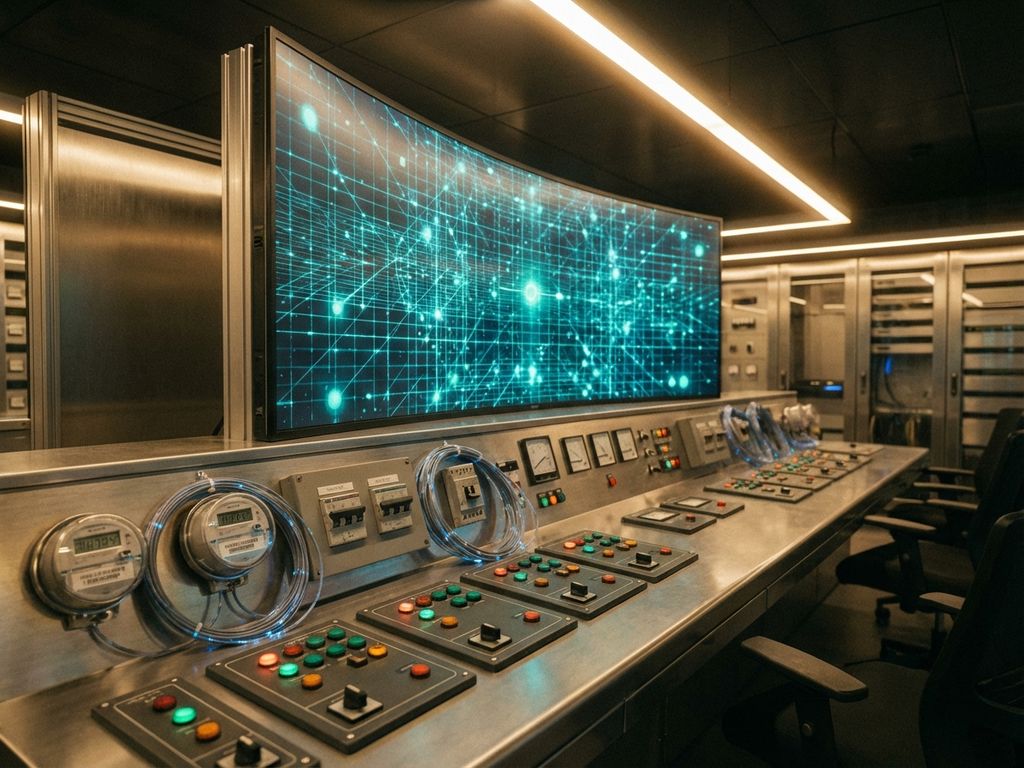 Moderne elektrische Schaltzentrale mit digitalem Überwachungsbildschirm, Bedienfeldern und Glasfaserkabeln