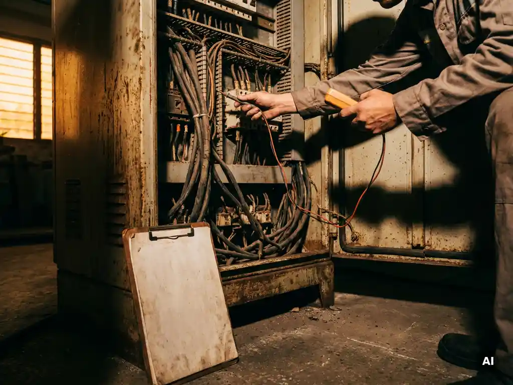 Techniker prüft unbeschriftete Kabelbündel in einem geöffneten Schaltschrank auf dem Fabrikboden mit einer Messsonde.