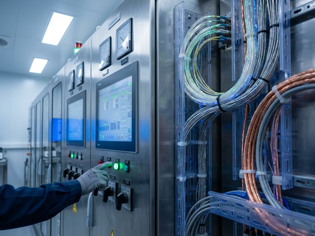 Moderne Schalttafel mit digitalen Displays und analogen Messgeräten, Techniker berührt LED-Statusanzeige