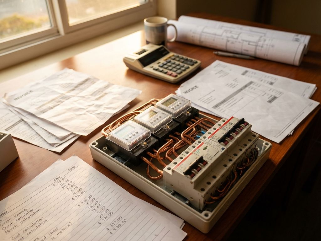 Modernes Elektro-Schaltpanel mit Kupferleitungen auf Schreibtisch mit Rechnungen, Taschenrechner und Bauplänen