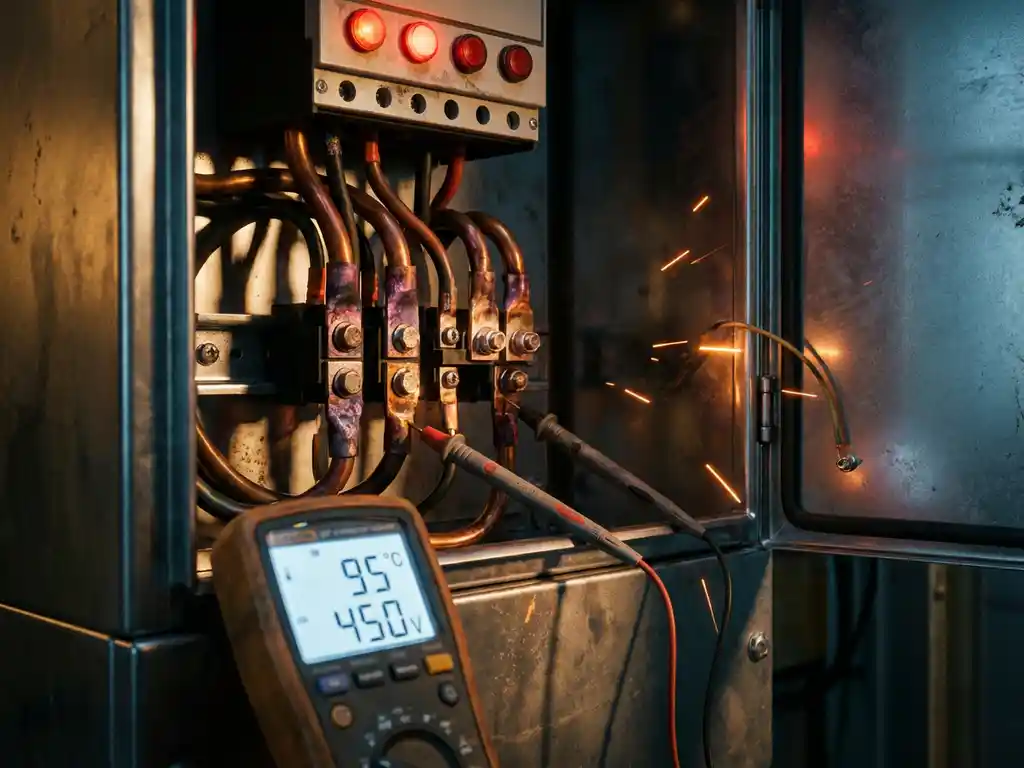 Industrielle Schalttafel mit rot leuchtenden Warnindikatoren und überhitzten Kupferleitern, Digitalmultimeter im Vordergrund