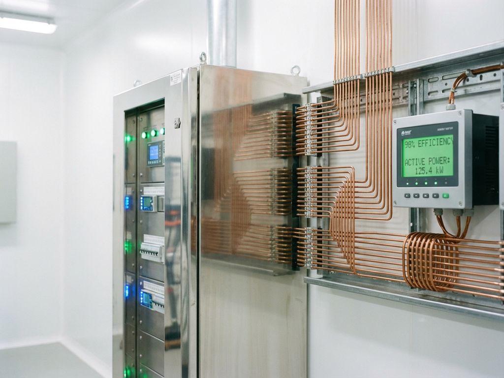 Modernes Elektro-Verteilerpanel mit LED-Anzeigen, Kupferkabeln und digitalem Energiezähler in Industrieanlage