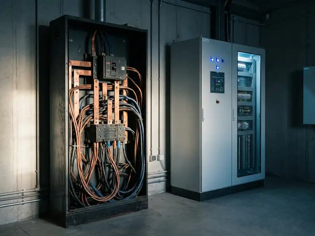 Industrielle Stromverteilungsanlage mit Kupferschienen neben moderner Niederspannungsschaltanlage in gemeinsamem Technikraum.