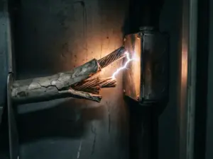Beschädigtes Elektrokabel mit freiliegenden Kupferleitern und sichtbarem Lichtbogen zu Metallverteilerkasten
