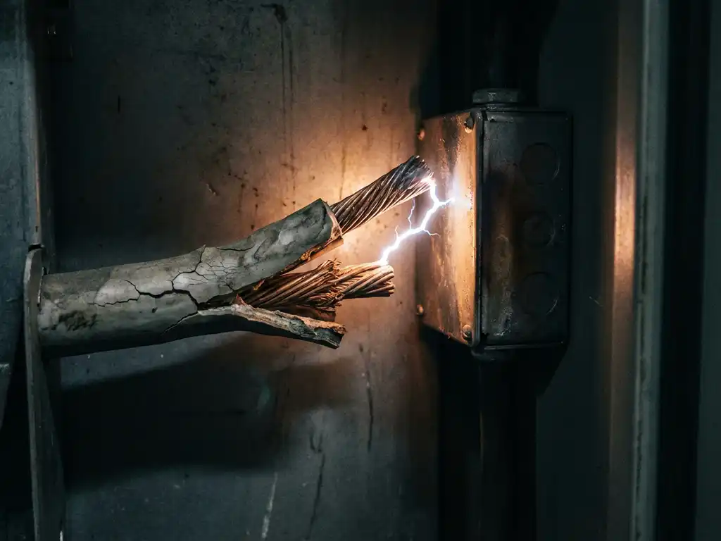 Beschädigtes Elektrokabel mit freiliegenden Kupferleitern und sichtbarem Lichtbogen zu Metallverteilerkasten