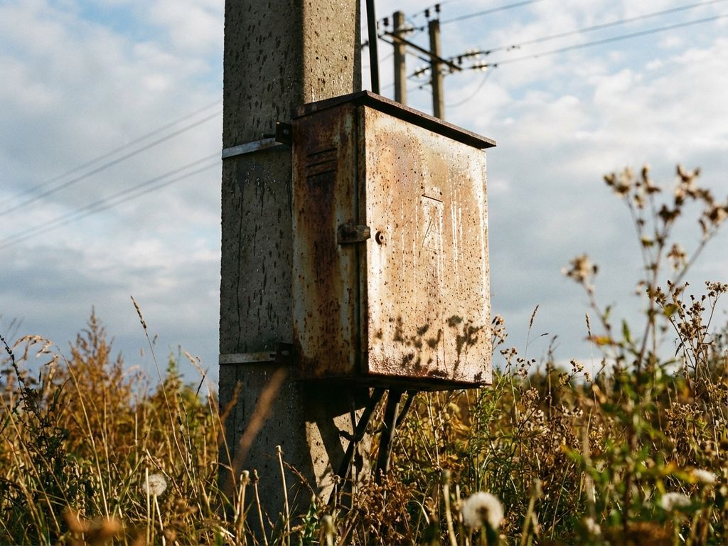 Verwitterter Stromverteilerkasten auf Betonmast mit Regentropfen, umgeben von Wildblumen und Gras