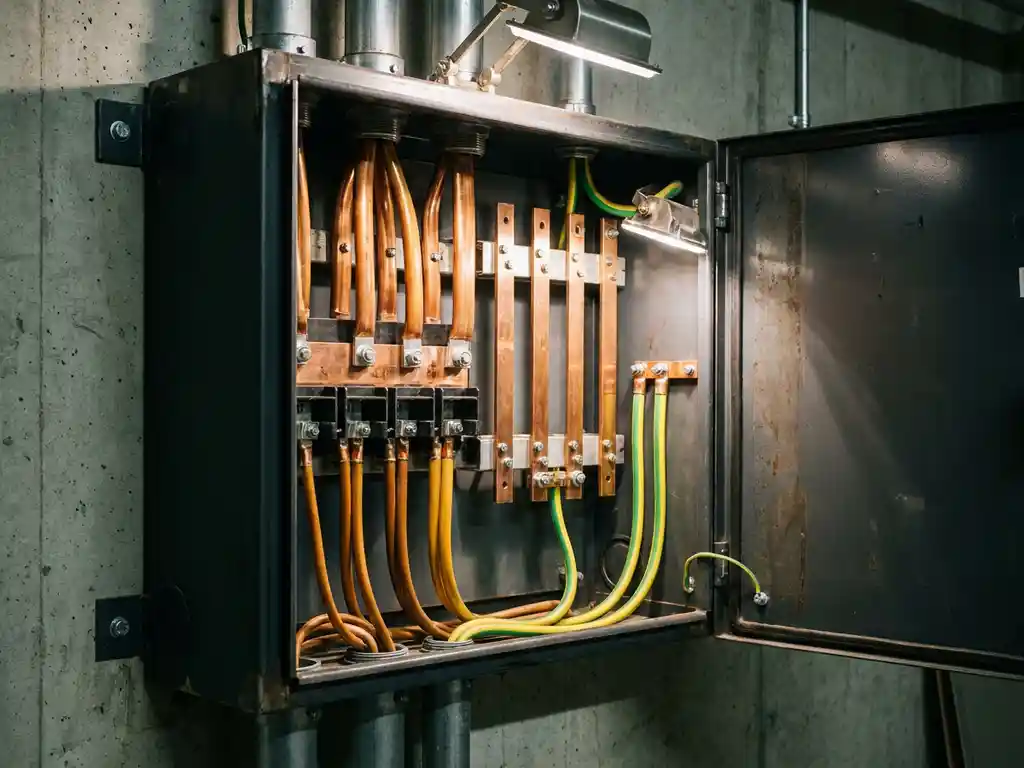 Elektrischer Verteilerkasten mit Kupferleitern und Erdungsschienen in Stahlgehäuse, montiert an Betonwand.