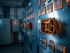 Präzisions-Elektrorelais mit freiliegenden Kupferkontakten auf industrieller Schalttafel neben Spannungsmessern